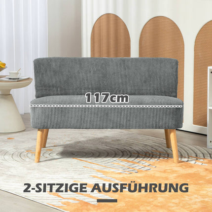 Dvivietė sofa, velveto imitacijos sofa, medinės kojelės, paminkštinta sofa, dvigulė sofa svetainei, miegamajam, 117 x 56,5 x 77 cm, pilka