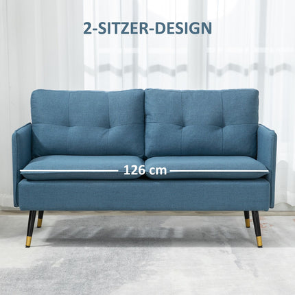 Dvivietė sofa, sofa su stora pagalvėle, minkšta sofa su plieninėmis kojelėmis, moderni dvigulė sofa svetainei, miegamajam, tamsiai mėlyna