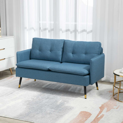 Dvivietė sofa, sofa su stora pagalvėle, minkšta sofa su plieninėmis kojelėmis, moderni dvigulė sofa svetainei, miegamajam, tamsiai mėlyna