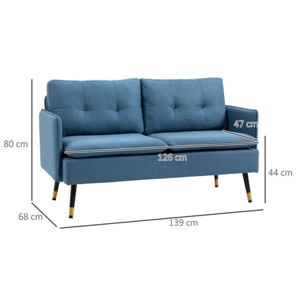 Dvivietė sofa, sofa su stora pagalvėle, minkšta sofa su plieninėmis kojelėmis, moderni dvigulė sofa svetainei, miegamajam, tamsiai mėlyna