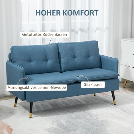 Dvivietė sofa, sofa su stora pagalvėle, minkšta sofa su plieninėmis kojelėmis, moderni dvigulė sofa svetainei, miegamajam, tamsiai mėlyna