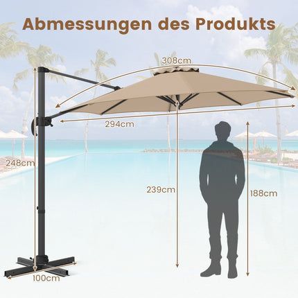 300 cm smėlio spalvos terasos skėtis, reguliuojamas pakreipimas ir 360° pasukimas