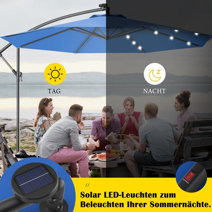 300 cm LED terasos skėtis su saulės šviesa, mėlynas