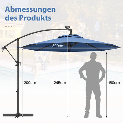 300 cm terasos skėtis su 32 saulės energija varomomis LED lemputėmis, mėlynas