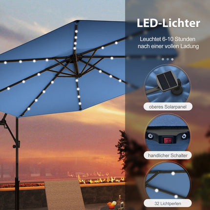 300 cm terasos skėtis su 32 saulės energija varomomis LED lemputėmis, mėlynas