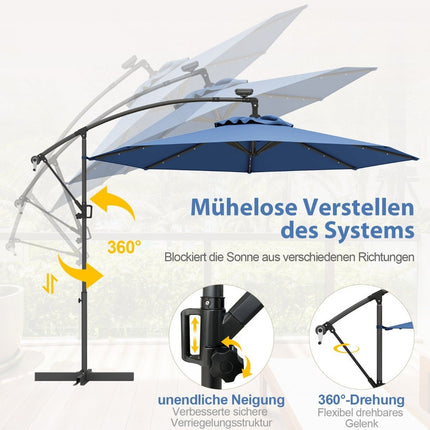 300 cm terasos skėtis su 32 saulės energija varomomis LED lemputėmis, mėlynas