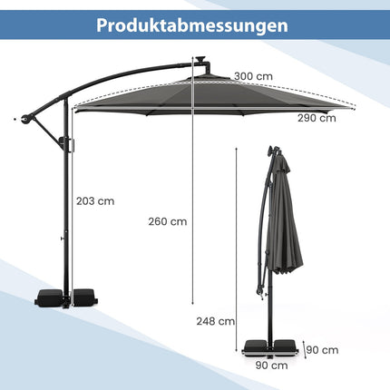 300 cm terasos skėtis su LED lemputėmis, reguliuojamo pasvirimo