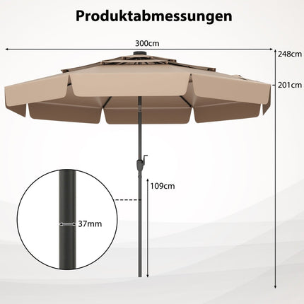 300 cm terasos skėtis su saulės energija varomu LED apšvietimu, reguliuojamas