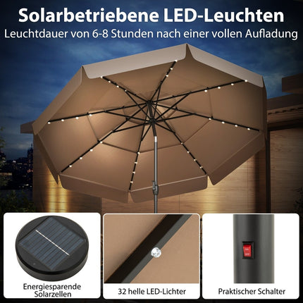 300 cm terasos skėtis su saulės energija varomu LED apšvietimu, reguliuojamas