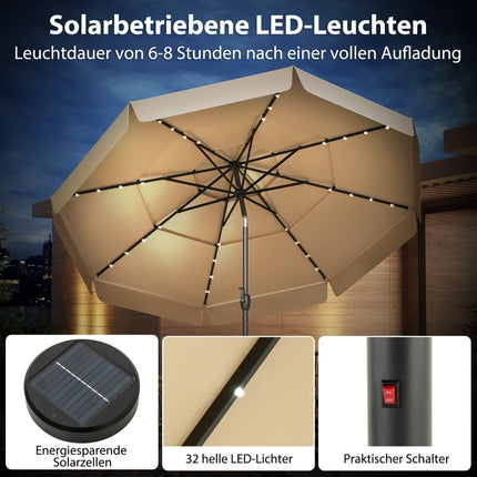 300 cm terasos skėtis su saulės baterijomis ir LED šviesomis, smėlio spalvos