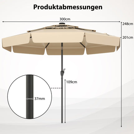 300 cm terasos skėtis su saulės baterijomis ir LED šviesomis, smėlio spalvos