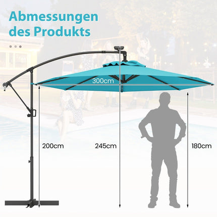 300 cm terasos skėtis su saulės energija varomomis LED lemputėmis ir alkūniniu velenu