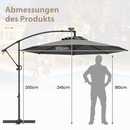300 cm terasos skėtis su saulės energija varomomis LED lemputėmis ir alkūniniu velenu