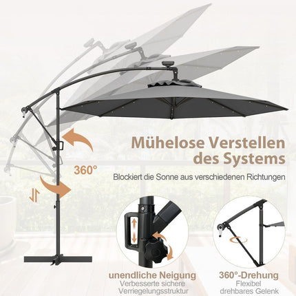 300 cm terasos skėtis su saulės energija varomomis LED lemputėmis ir alkūniniu velenu