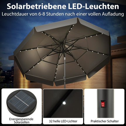 300 cm terasos skėtis su saulės baterijomis ir LED šviesomis, pilkas