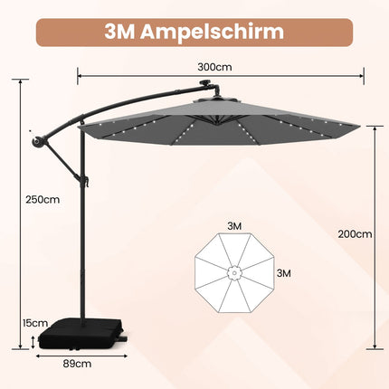 300 cm terasos skėtis su saulės energija varomomis LED lemputėmis ir smėlio maišais