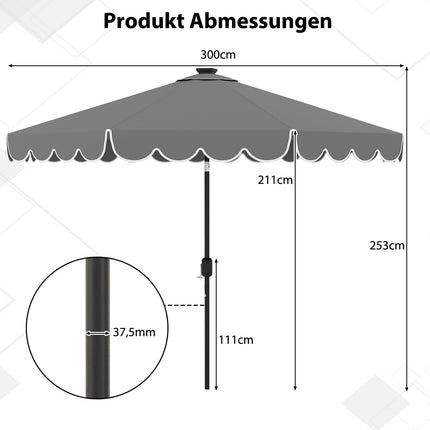 300 cm terasos skėtis su saulės energija varomomis LED lemputėmis, pakreipiamas ir sukamas
