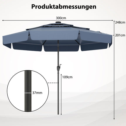 300 cm terasos skėtis su saulės energija varomu LED apšvietimu, pakreipiamas