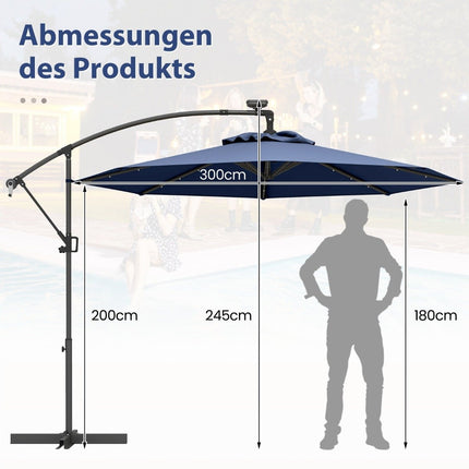 300 cm saulės energija varomas LED terasos skėtis su alkūne, tamsiai mėlynas