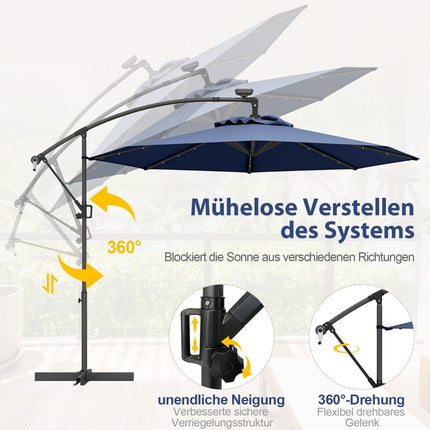 300 cm saulės energija varomas LED terasos skėtis su alkūne, tamsiai mėlynas