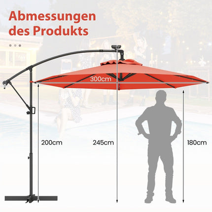 300 cm saulės energija varomas LED terasos skėtis su alkūne, oranžinis