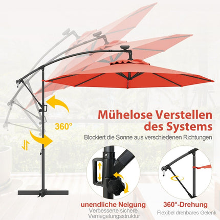 300 cm saulės energija varomas LED terasos skėtis su alkūne, oranžinis