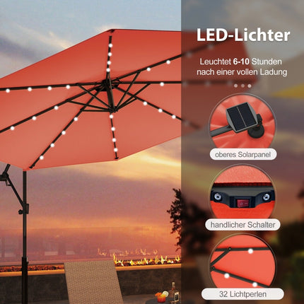 300 cm saulės energija varomas LED terasos skėtis su alkūne, oranžinis