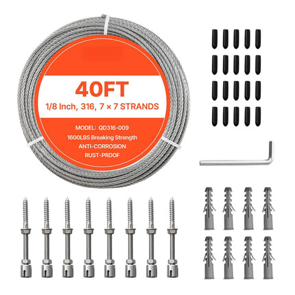 316 Stainless Steel Wire Rope Kit, 3.2 mm x 12.2 m