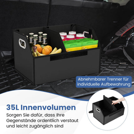 35 litrų sulankstomas automobilio bagažinės organizatorius su dangčiu ir pertvara