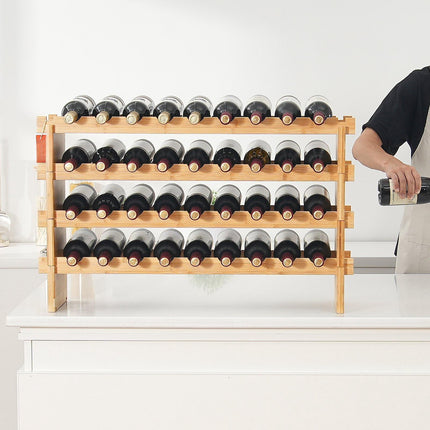 36-Bottle Wine Rack, Stackable 4-Tier Bamboo, Freestanding