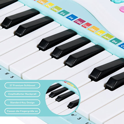 37 klavišų skaitmeninis pianinas, vaikiškas klaviatūra, pianinas su mikrofonu, 48 x 20 x 38 cm, mėlyna