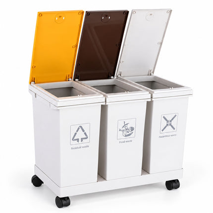 3-Compartment Kitchen Waste Bin with Castors, 12 l Each, White