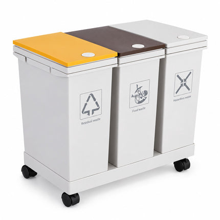 3-Compartment Kitchen Waste Bin with Castors, 12 l Each, White