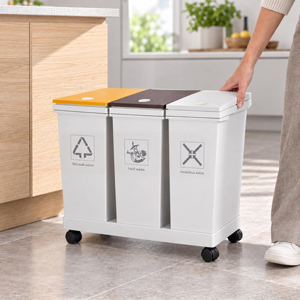3-Compartment Kitchen Waste Bin with Castors, 12 l Each, White