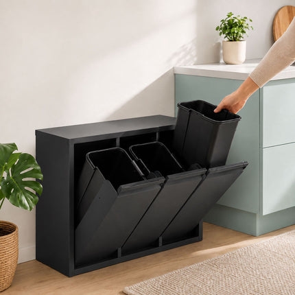 3 skyrių šiukšliadėžė, 30 l, juoda, plieno ir plastiko
