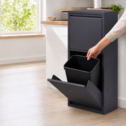 3-Compartment Waste Bin 40 l with Tipping Function, Anthracite, Wall-Mountable