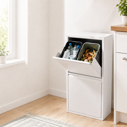 3-Compartment Waste Bin 40 l with Tipping Function, Black, Wall-Mountable