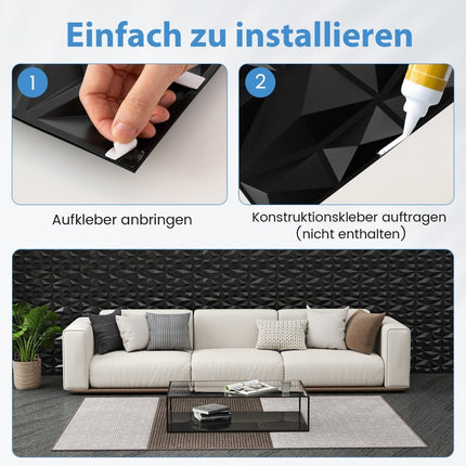 3D sienų plokštės, juodo rombo raštas, 100 vnt. pakuotė, 9 m² padengimas