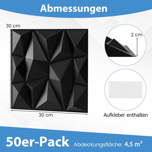 3D sienų plokštės, juodo rombo raštas, 100 vnt. pakuotė, 9 m² padengimas