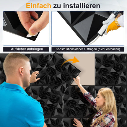 3D sienų plokštės, rombo formos raštas, juodos, 10 m² padengimas