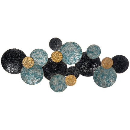 3D metal wall art - modern sculpture, gold/black/blue, 121x53 cm