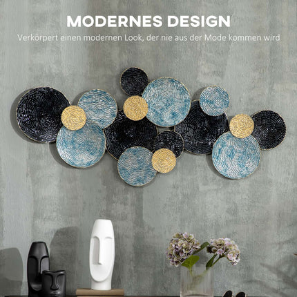 3D metal wall art - modern sculpture, gold/black/blue, 121x53 cm