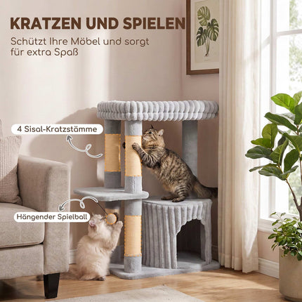 3-Level Cat Tree 93 cm with Sisal Posts and Washable Top Bed, Cave, Grey