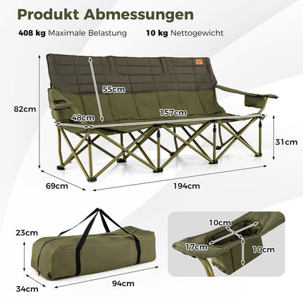 Trijų asmenų sulankstoma kempingo sofa su reguliuojamais porankiais