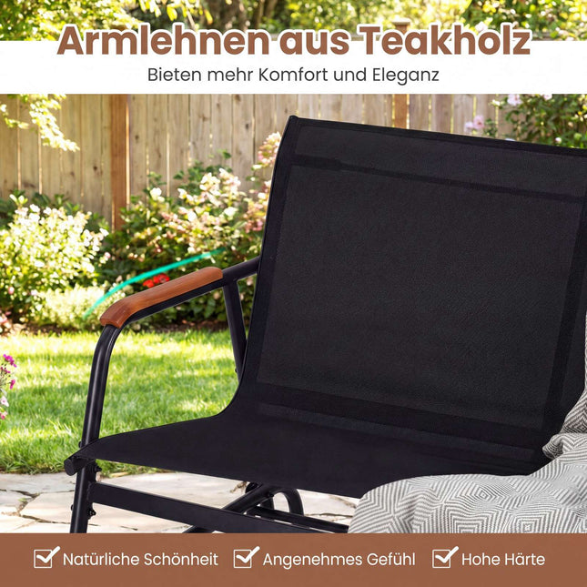 Trijų asmenų terasos supamasis suolas su tikmedžio porankiais, juodas