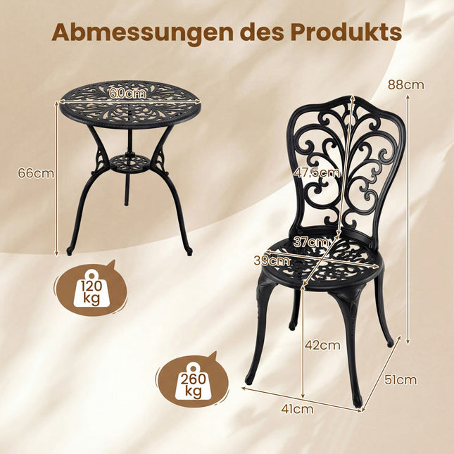3 dalių aliuminio terasos bistro komplektas su stalu ir kėdėmis