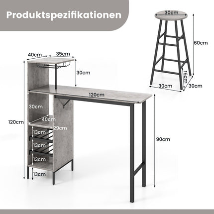 3 dalių baro stalo ir kėdžių komplektas, pramoninis, pilkas