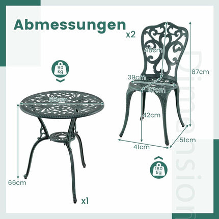 3 dalių lieto aliuminio terasos komplektas su bistro stalu ir kėdėmis