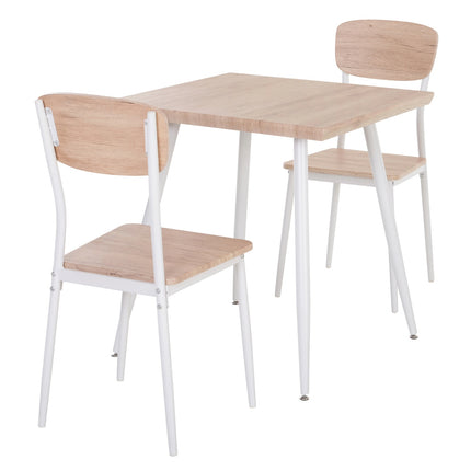 3 dalių valgomojo grupės valgomojo stalų komplektas, MDF + metalas, natūralaus medžio raštas + baltas, 1 stalas + 2 kėdės