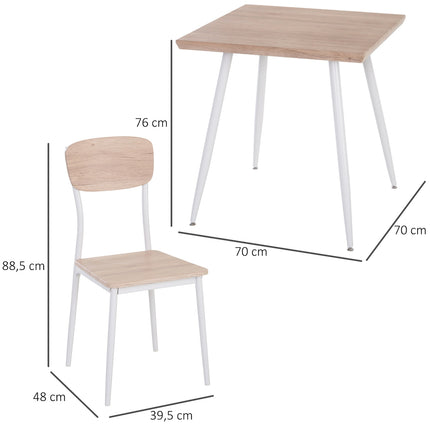 3 dalių valgomojo grupės valgomojo stalų komplektas, MDF + metalas, natūralaus medžio raštas + baltas, 1 stalas + 2 kėdės